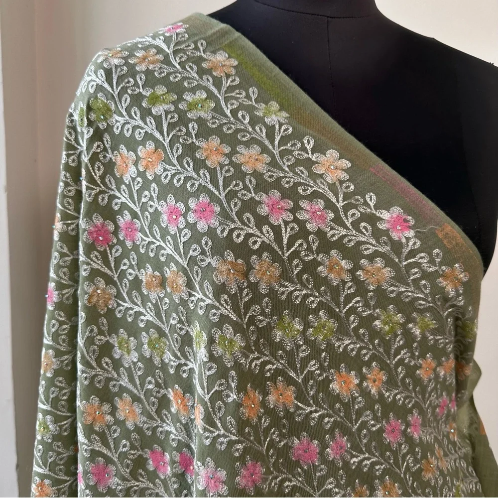 Olive Green Floral Embroidered Pashmina Shawl / Wrap / Scarf | Soft Winter Stole